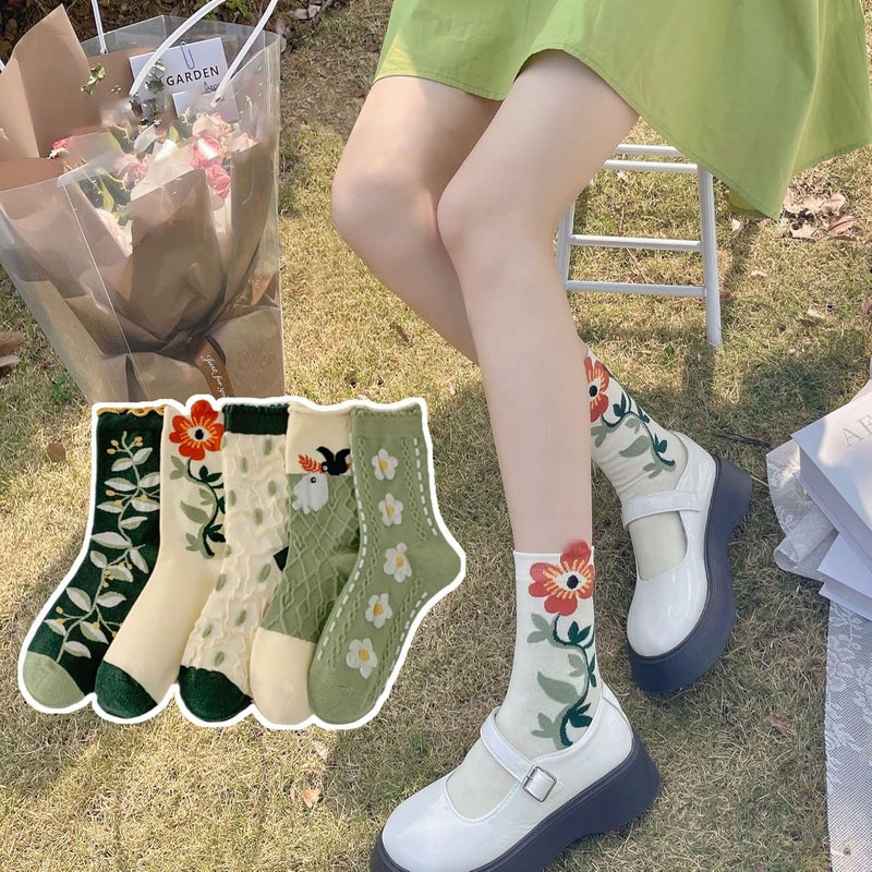 MarJunSep Cute Floral Crew Socks for Women Teen Girls Flower Cottagecore Frilly Vintage Fancy Cotton Socks - Image 2
